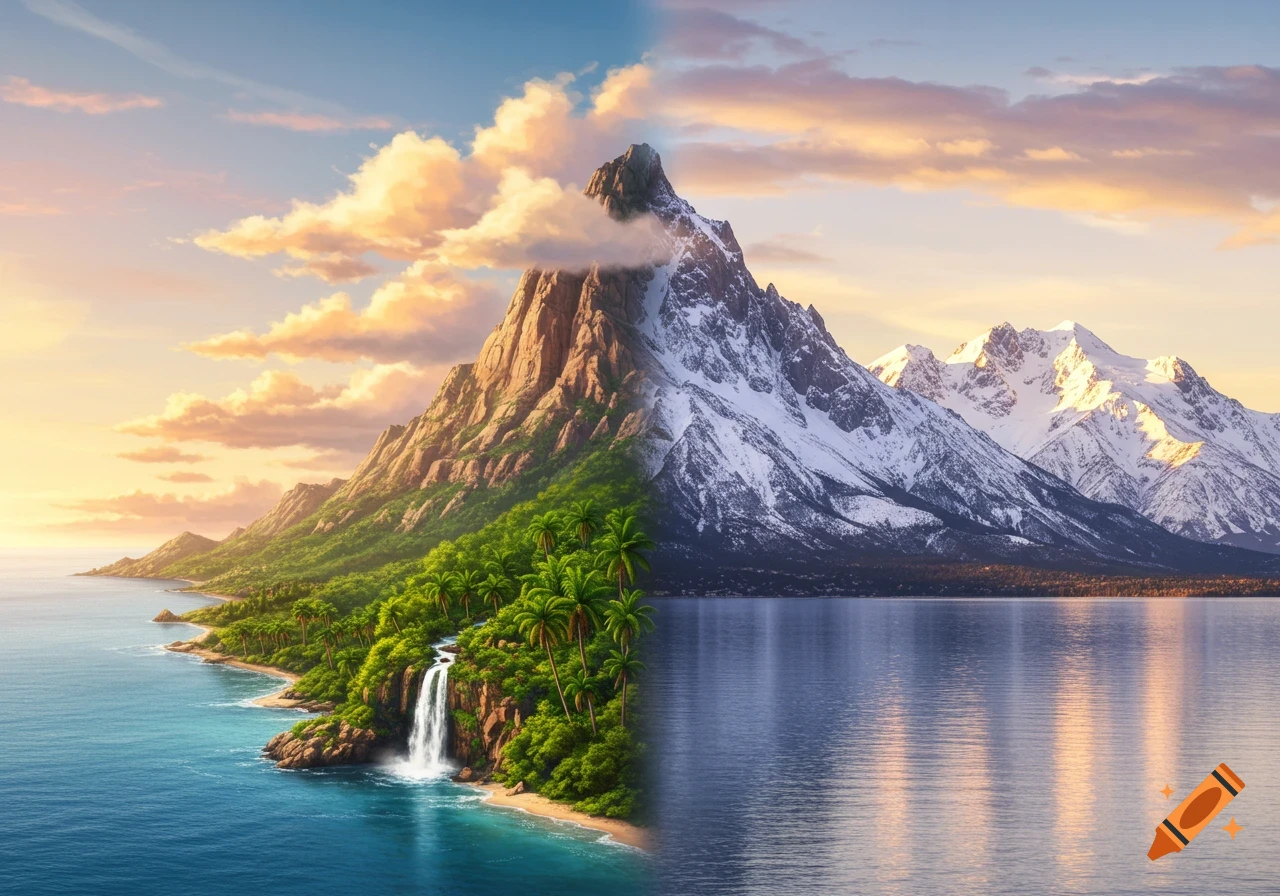 A mountain is split, half a tropical island with palm trees and a waterfall by the ocean, the other half snowy by a cold lake.