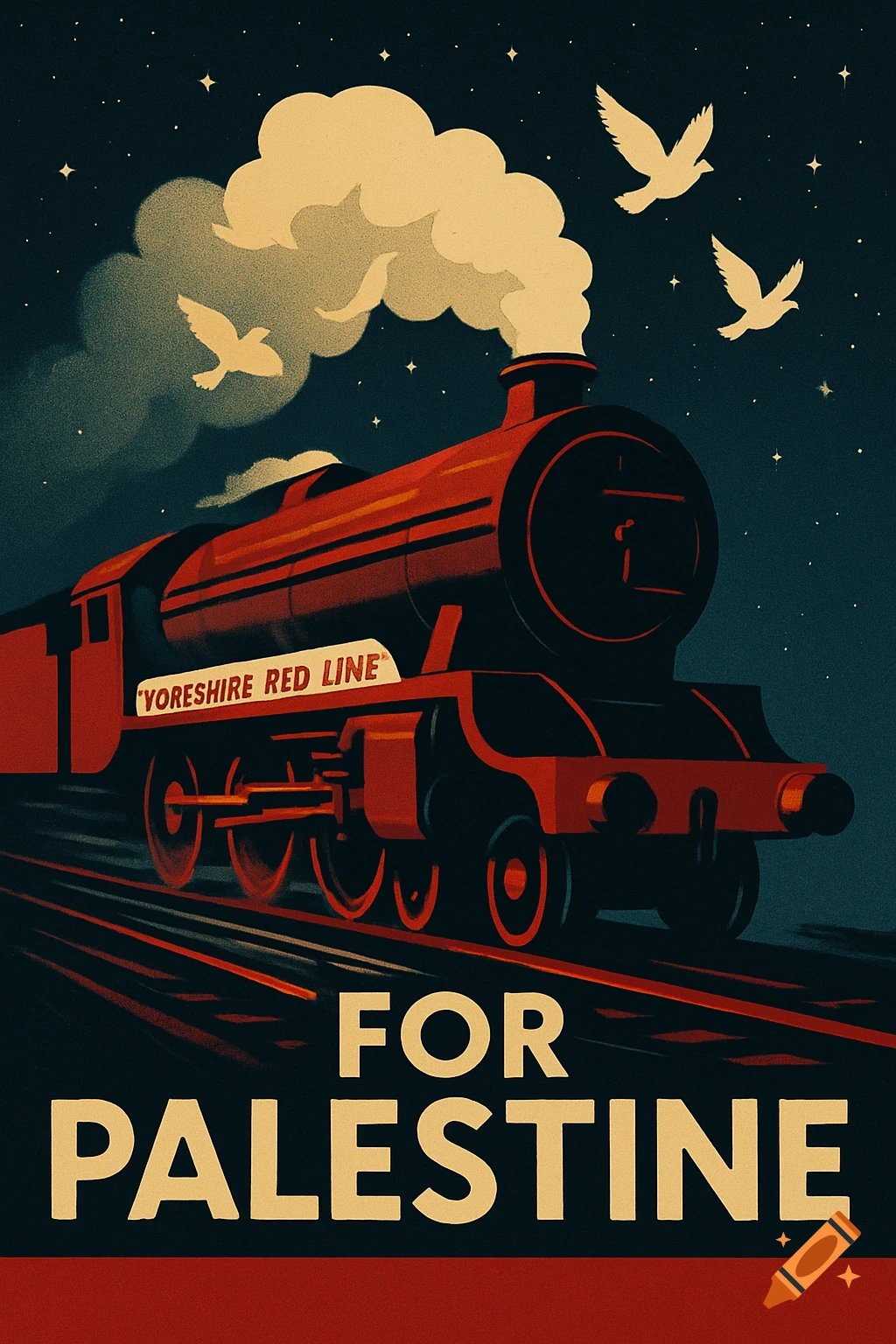 Vintage poster illustration of a red steam train emitting smoke, with white doves flying in a starry night sky. Text reads 'YORESHIRE RED LINE' and 'FOR PALESTINE'.