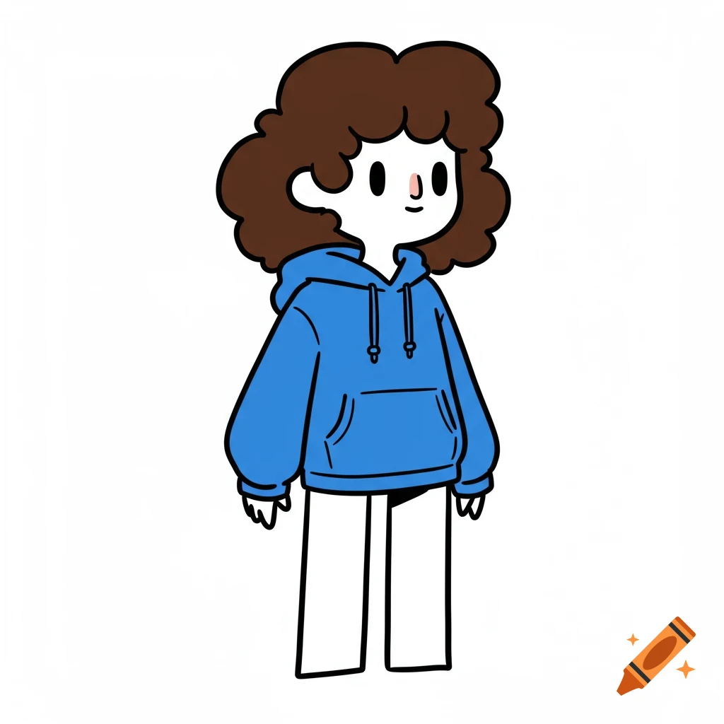 A stylized cartoon character with curly brown hair wearing a blue hoodie and white pants against a white background.