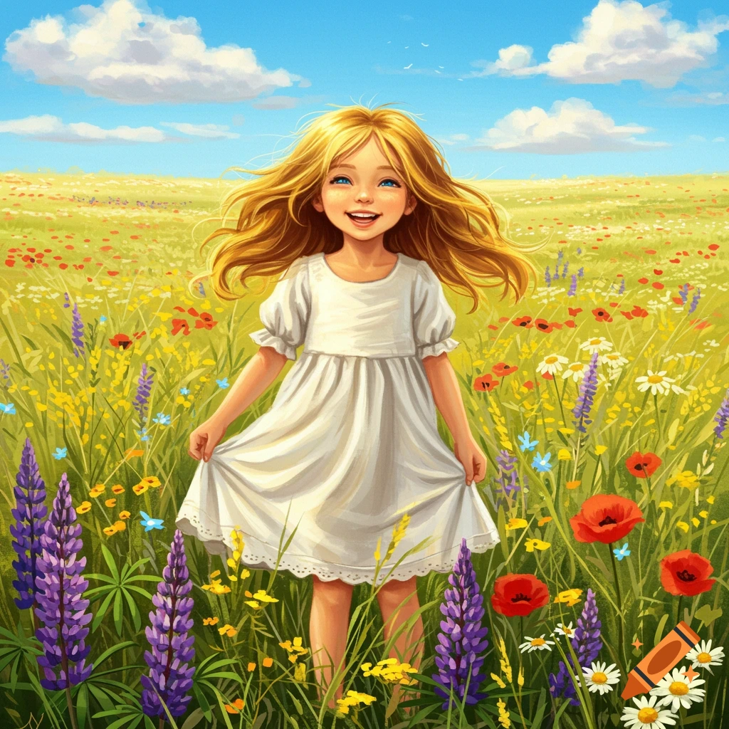A smiling young girl with blonde hair in a white dress stands in a vibrant field of colorful wildflowers under a blue sky, illustration.