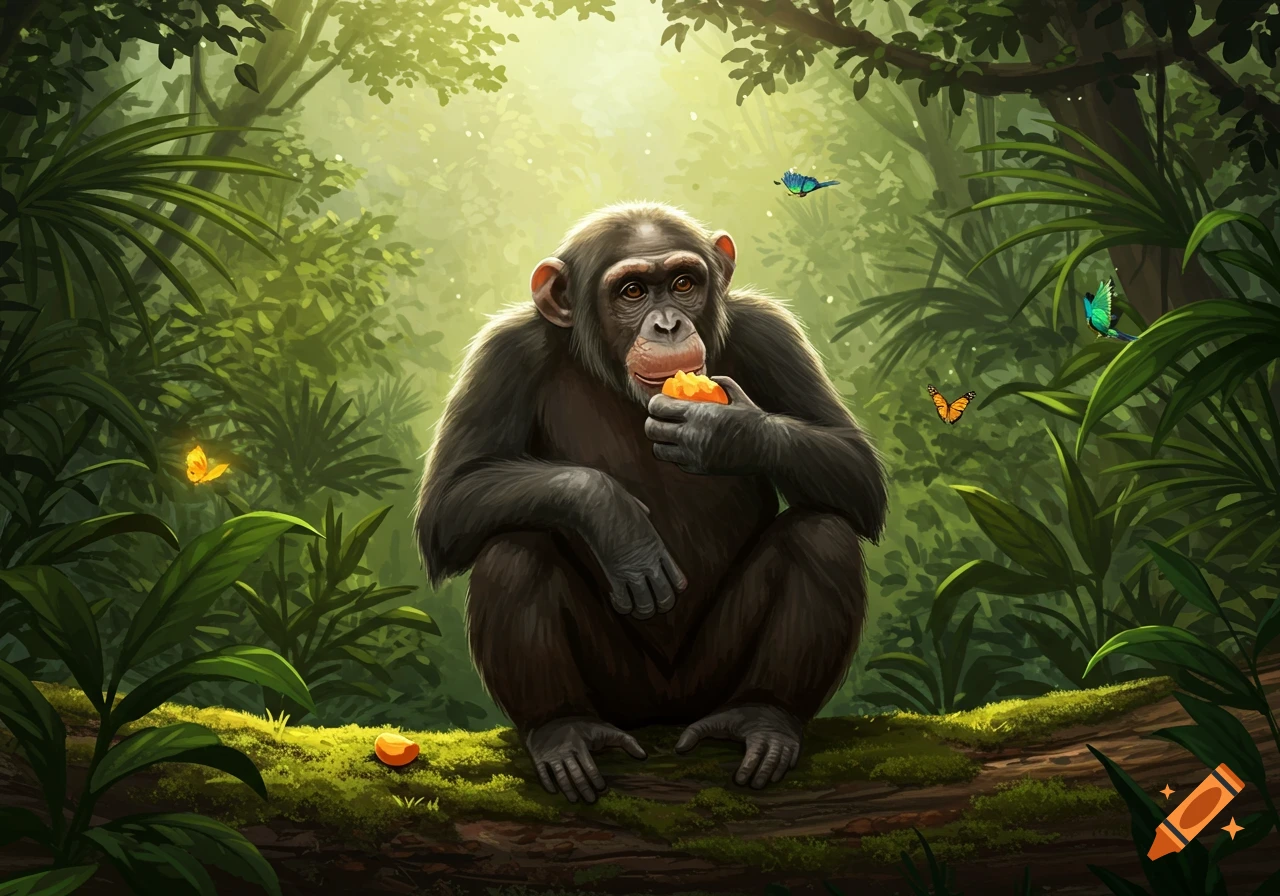 A chimpanzee sits on a mossy log in a lush jungle, eating an orange, surrounded by colorful butterflies.