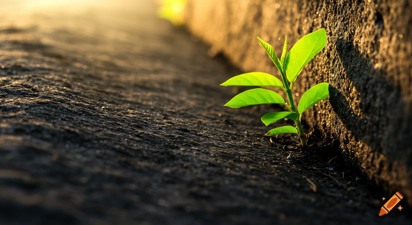 A vibrant green seedling sprouts from dark, cracked ground beside a sunlit stone wall, symbolizing growth and resilience.
