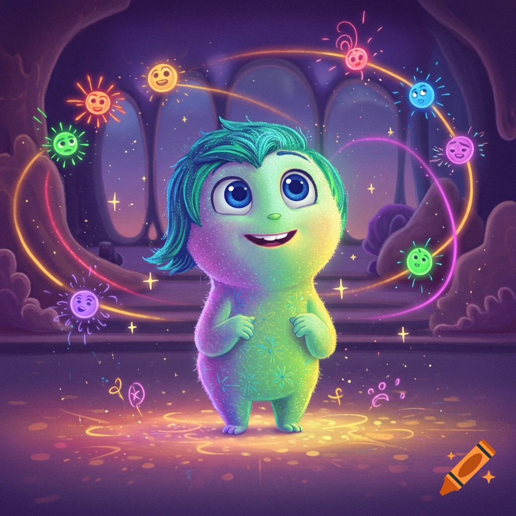 A cute, fluffy, rainbow-colored animated character with big blue eyes smiles in a glowing fantasy cave with floating emotion orbs.