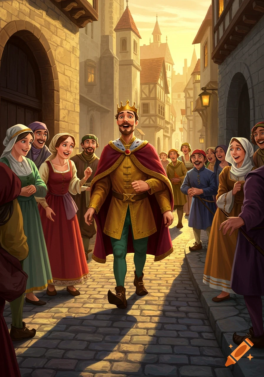 A king in a gold tunic and red cape walks through a medieval street, surrounded by a smiling crowd. Illustrated.