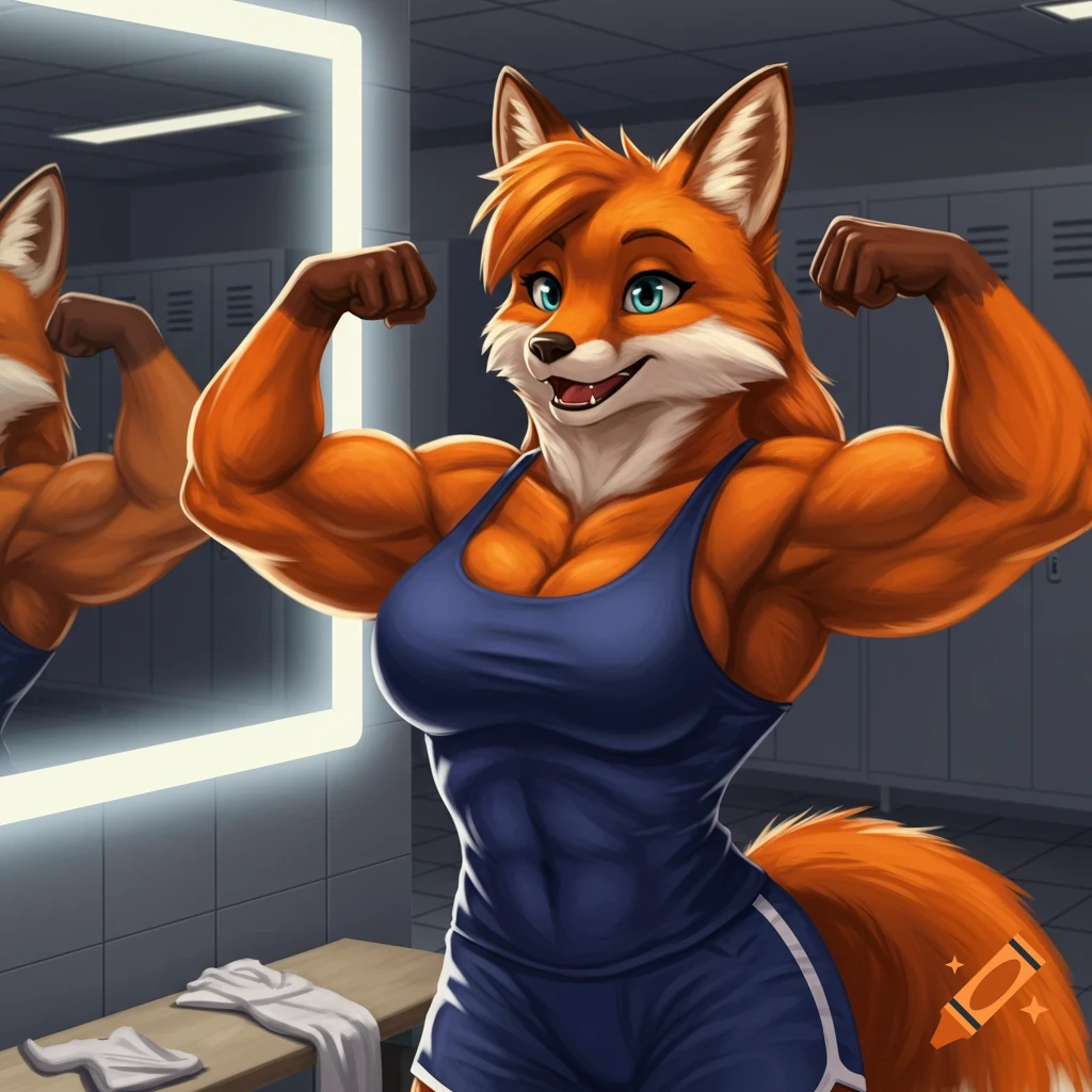 An animated anthropomorphic orange fox flexes her muscular build in a locker room, smiling in front of a mirror.