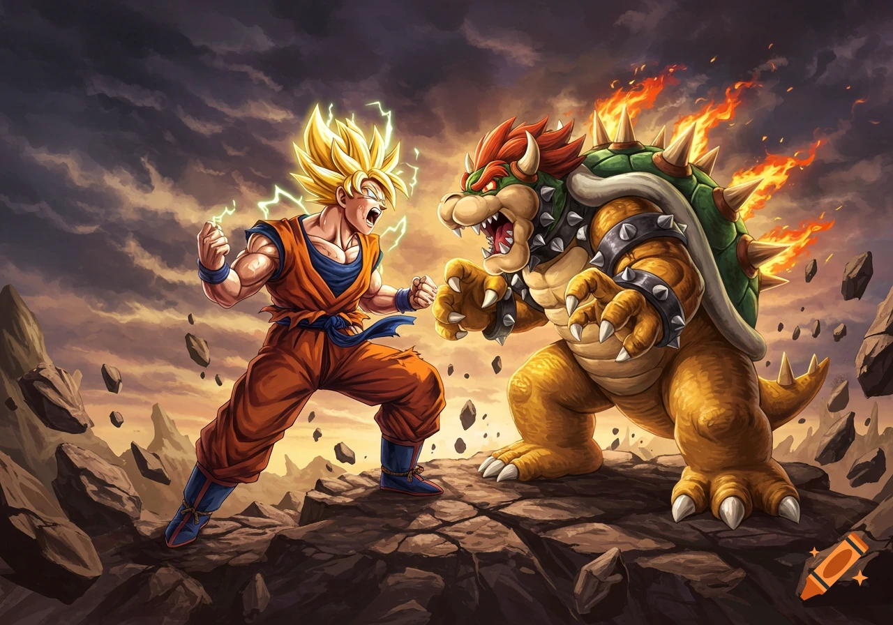 Super Saiyan Goku battles Bowser with lightning and fire in a dramatic, stylized scene.