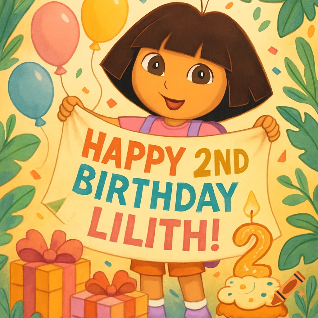 Dora the Explorer holding a 'HAPPY 2ND BIRTHDAY LILITH!' banner, with balloons, presents, and a cupcake.