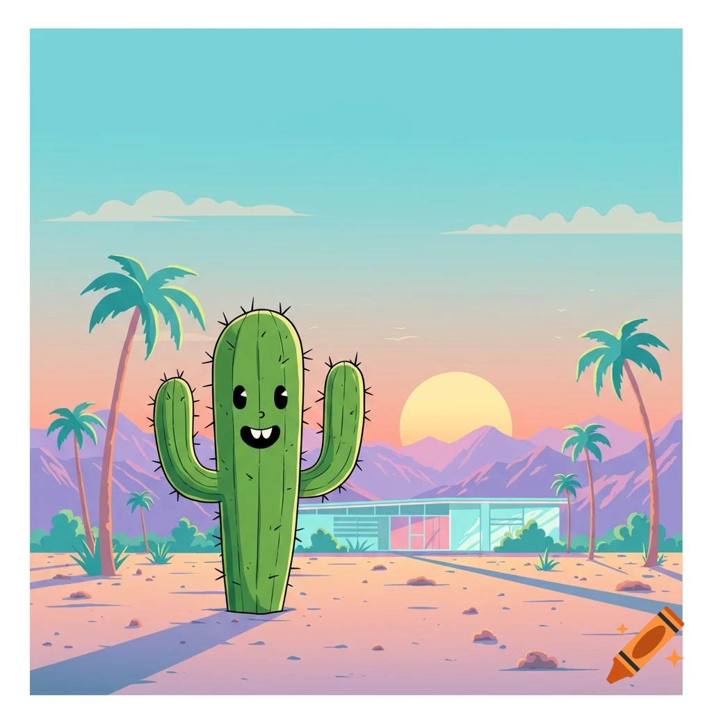A smiling cartoon cactus stands in a desert landscape with palm trees, mountains, a mid-century modern house, and a sunset in the background.