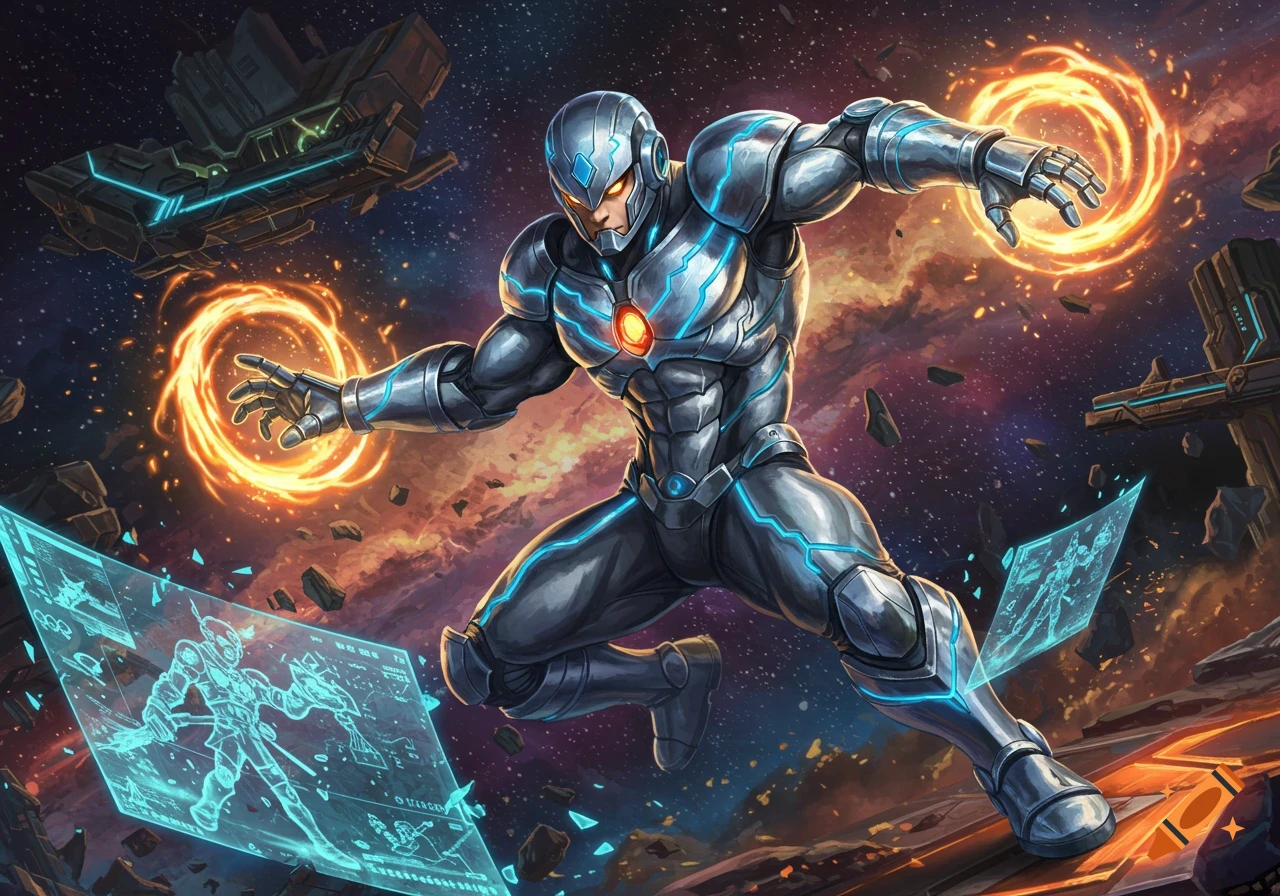 A powerful armored superhero leaps through space, generating glowing orange portals, with futuristic spacecraft and holographic schematics.
