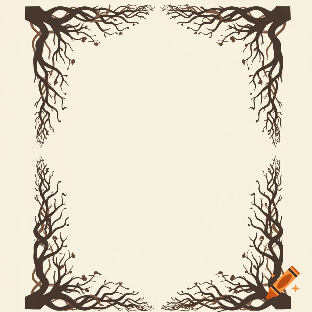 Stylized dark brown tree branches and roots form a decorative border in all four corners on a light cream background.