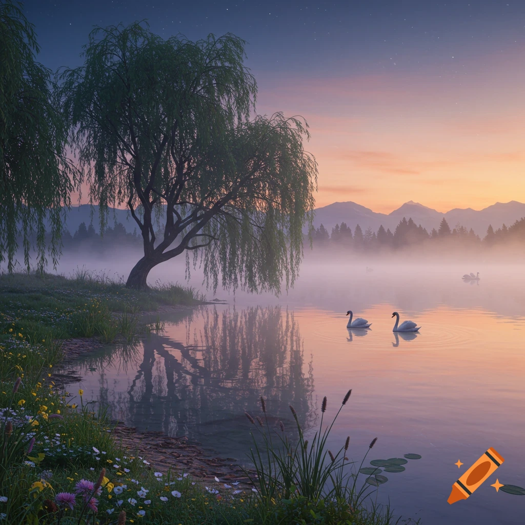 A serene misty lake at dawn or dusk, with a weeping willow tree on the bank and two white swans, mountains in background.