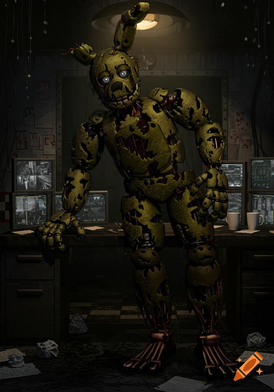 Damaged, dark green animatronic Springtrap, appearing muscular, stands in a dimly lit office with surveillance monitors.