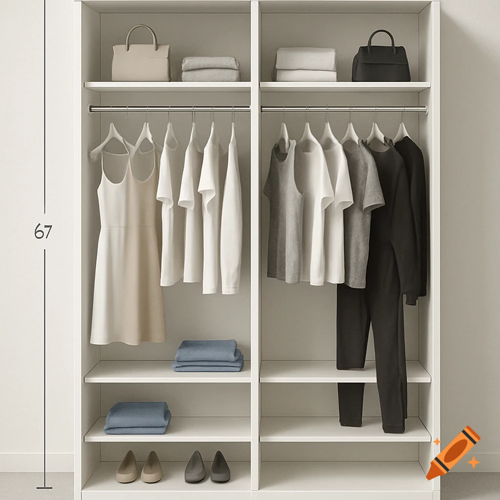 A photorealistic image of a white closet with two sections, filled with hanging clothes, folded items, bags, and shoes, with a height measurement.