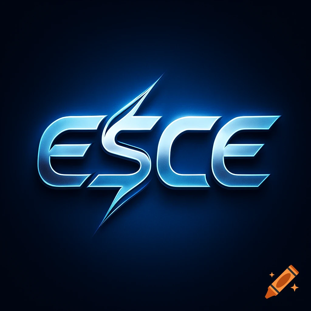 A shiny, metallic blue-glowing logo of the word ESCE on a dark background.
