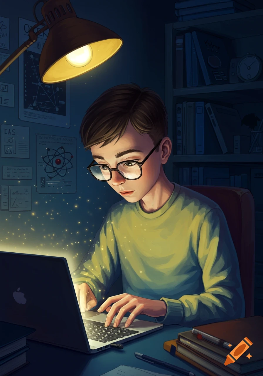 A focused student in glasses works on a glowing laptop at a desk under a bright lamp, surrounded by books and science posters.
