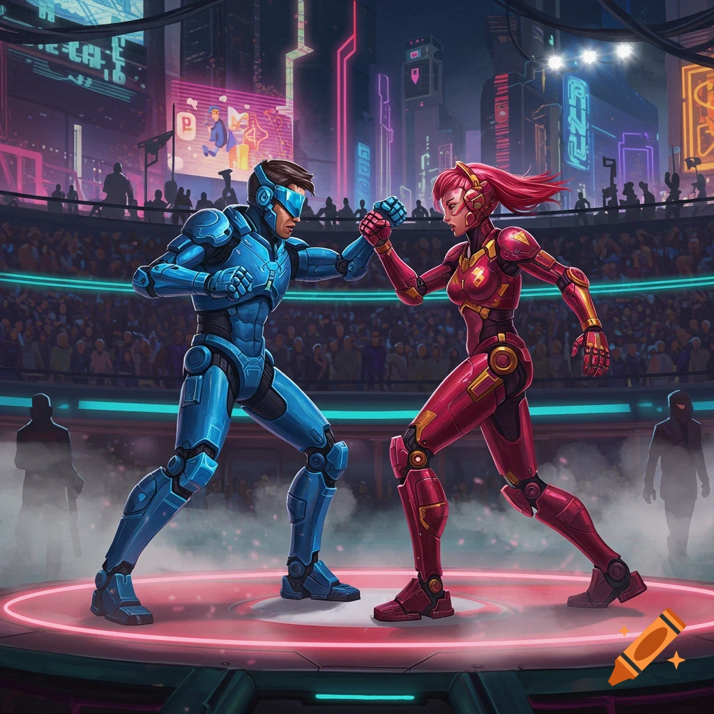 A man in a blue robotic suit and a woman in a red robotic suit face off in a futuristic fighting arena with a large crowd and neon city background.