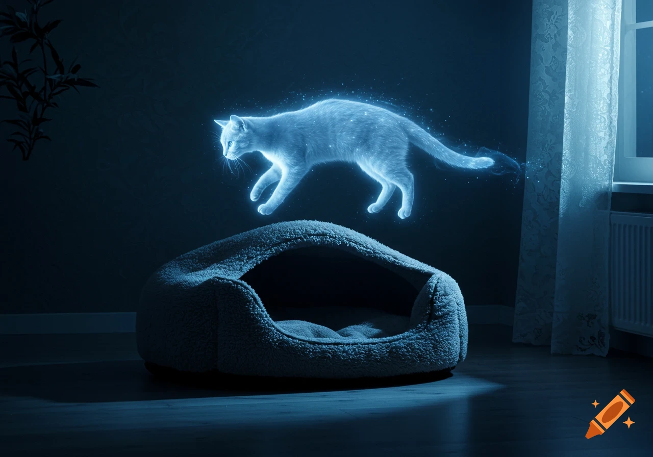 A glowing blue ghost cat floats above a plush cat bed in a dimly lit room.