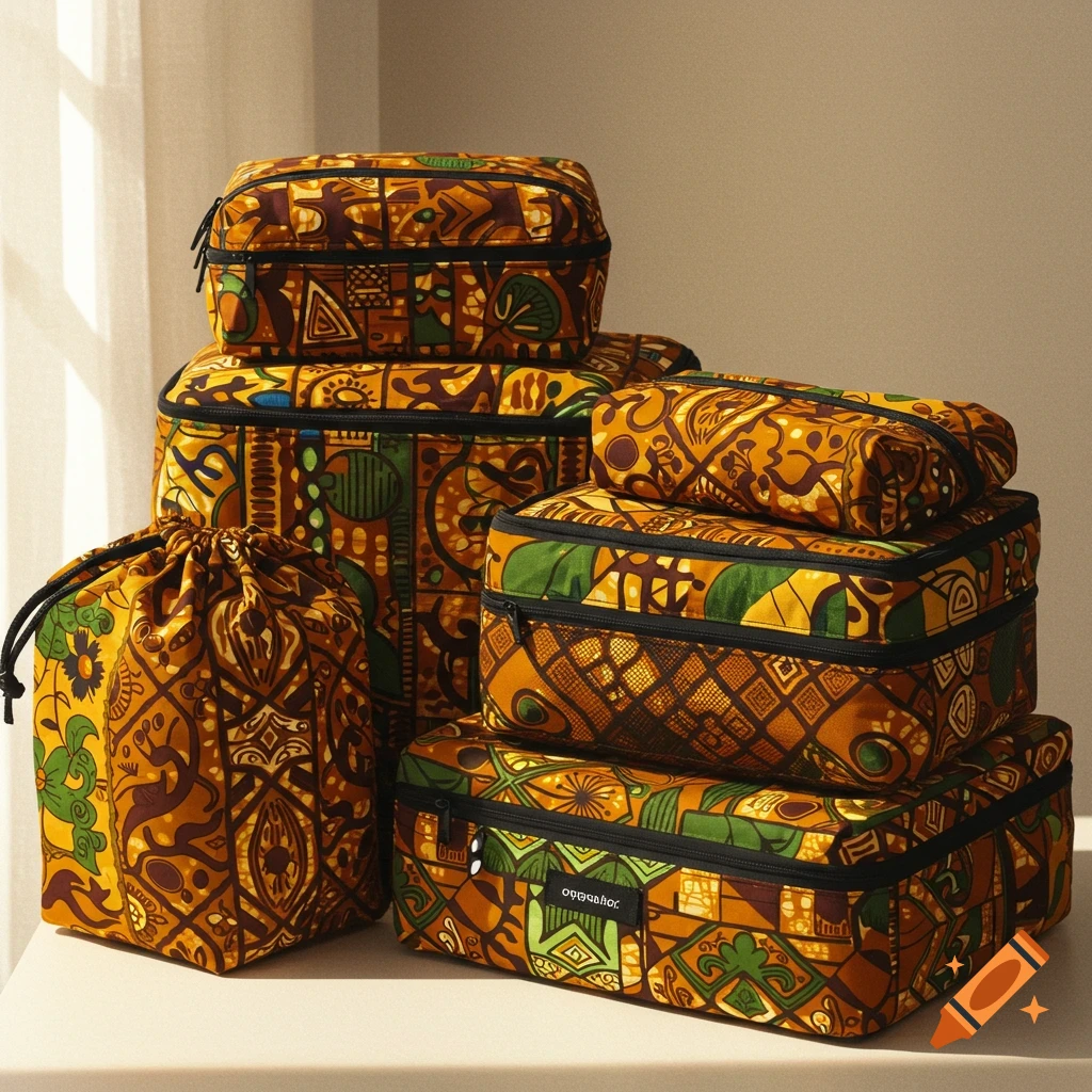 A collection of packing cubes and bags with vibrant African print patterns, stacked on a white surface.