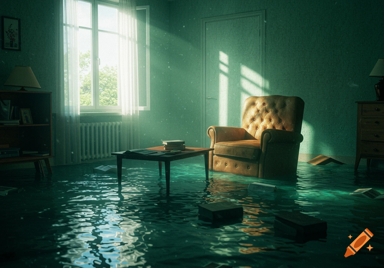 A flooded room with an armchair, coffee table, and bookshelf partially submerged in water, illuminated by sunlight from a window.