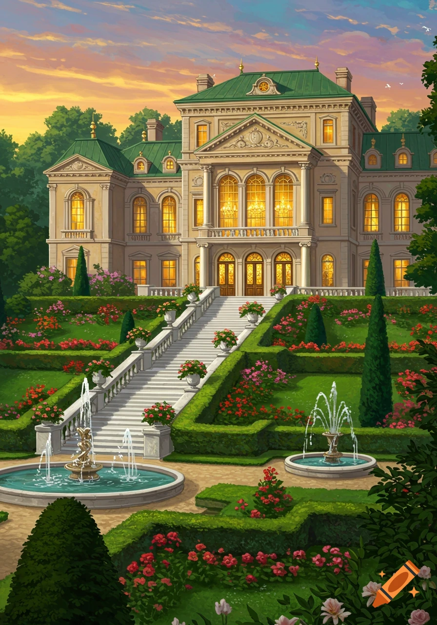 A grand, ornate mansion with a green roof, glowing windows, and a wide staircase leading to lush gardens with fountains at sunset, in a digital art style.