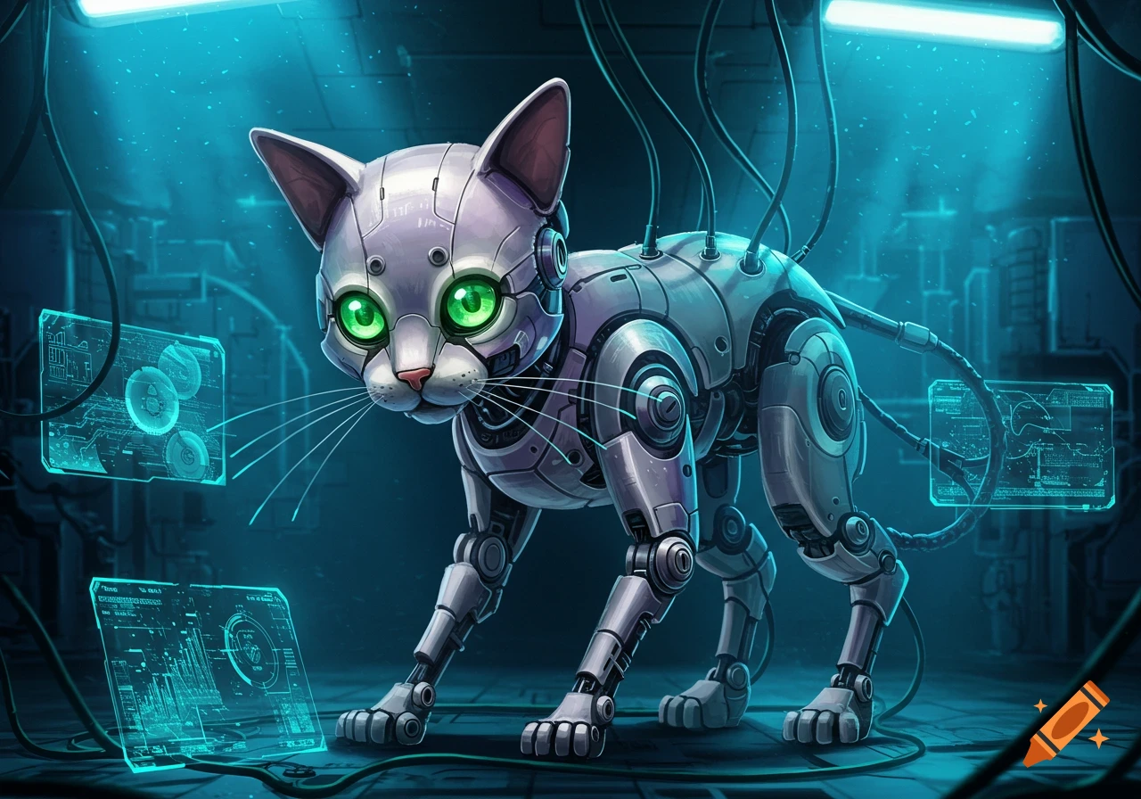 A sleek, gray robotic cat with glowing green eyes stands in a dark, neon-lit lab with holographic data screens.
