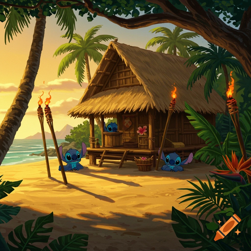 A cartoon beach scene with a thatched hut, tiki torches, palm trees, and three blue Stitch characters.