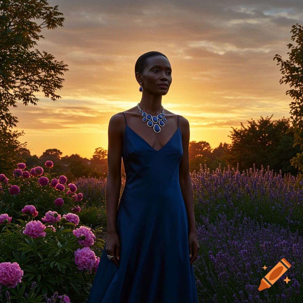 A woman in a blue dress and a large blue necklace stands in a flower garden at sunset.