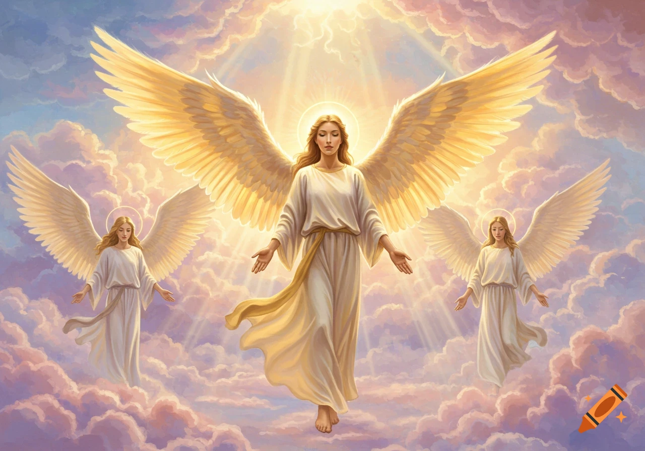 Three graceful angels with golden wings and white robes float among sunlit clouds, illuminated by radiant light, in a serene painting.