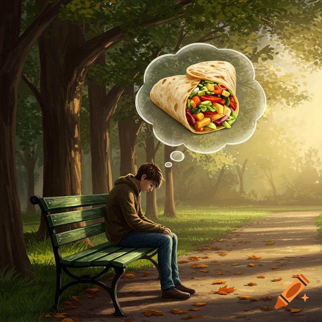 A sad person sits on a park bench, thinking about a burrito in a sunny park with trees and fallen leaves.