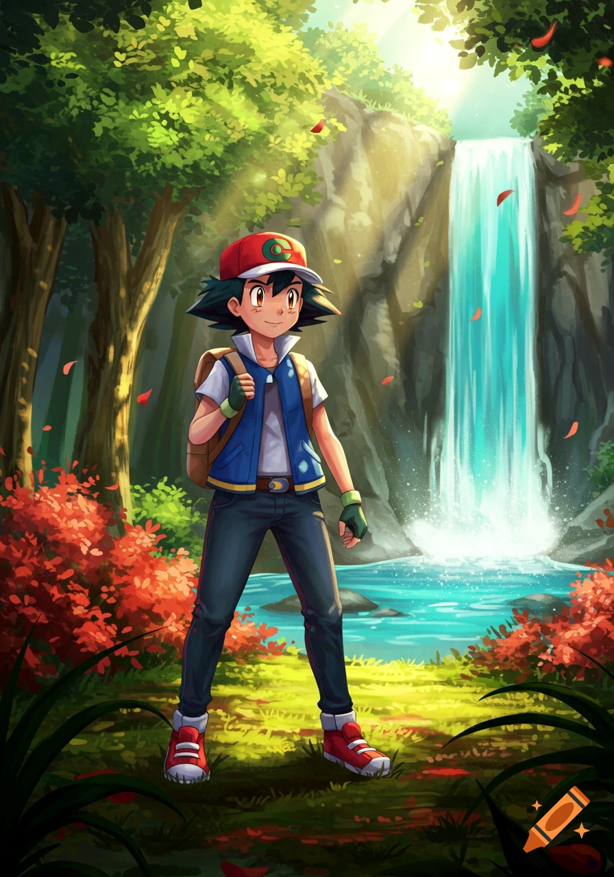 Anime illustration of Ash Ketchum standing in a vibrant forest beside a waterfall and stream, bathed in sunlight.