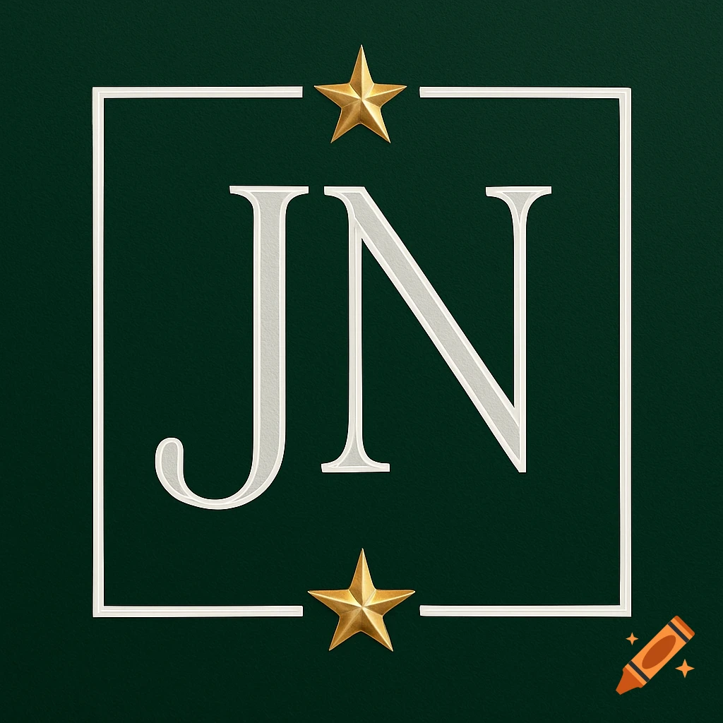 Luxury logo with white letters JN outlined in grey on a green background, with a white border and gold stars.