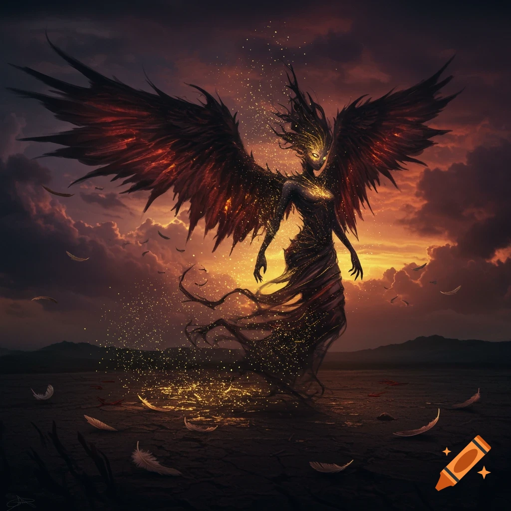 A dark, winged creature with fiery wings stands in a desolate landscape under a dramatic sunset sky, surrounded by glowing particles.