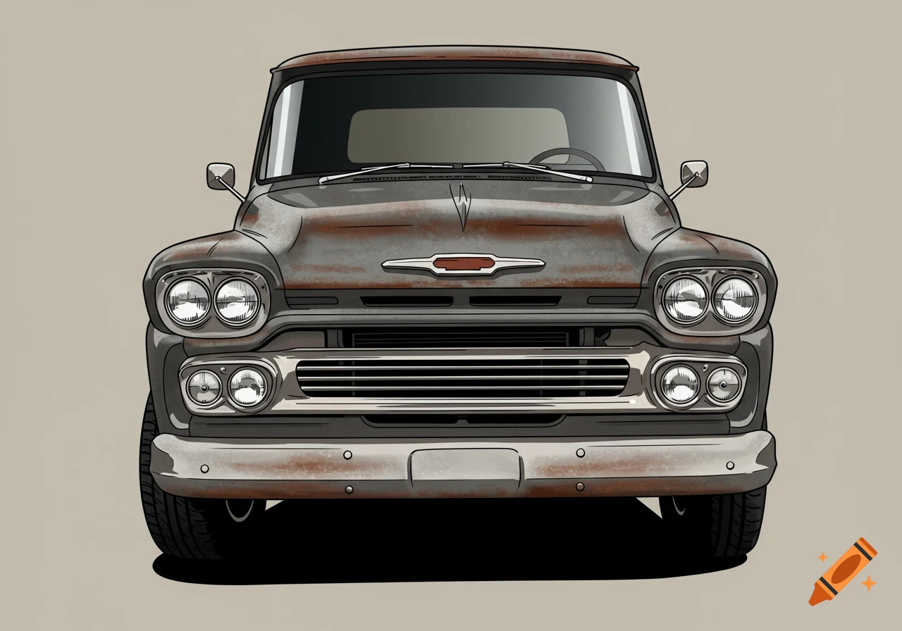 Graphic style front view of a rusty, old pickup truck.