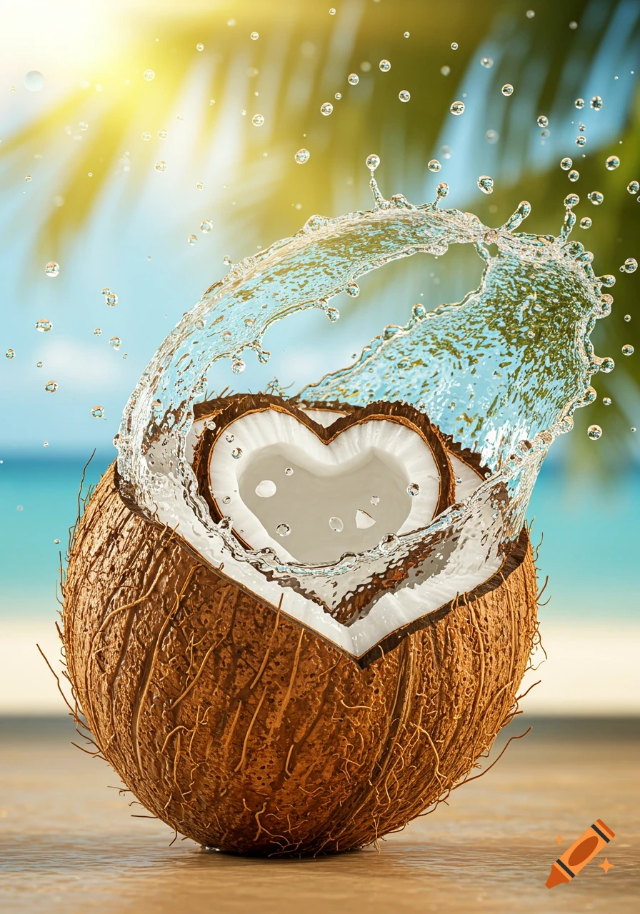 Photorealistic coconut split open with heart-shaped flesh and water splashing, set against a sunny tropical beach background.