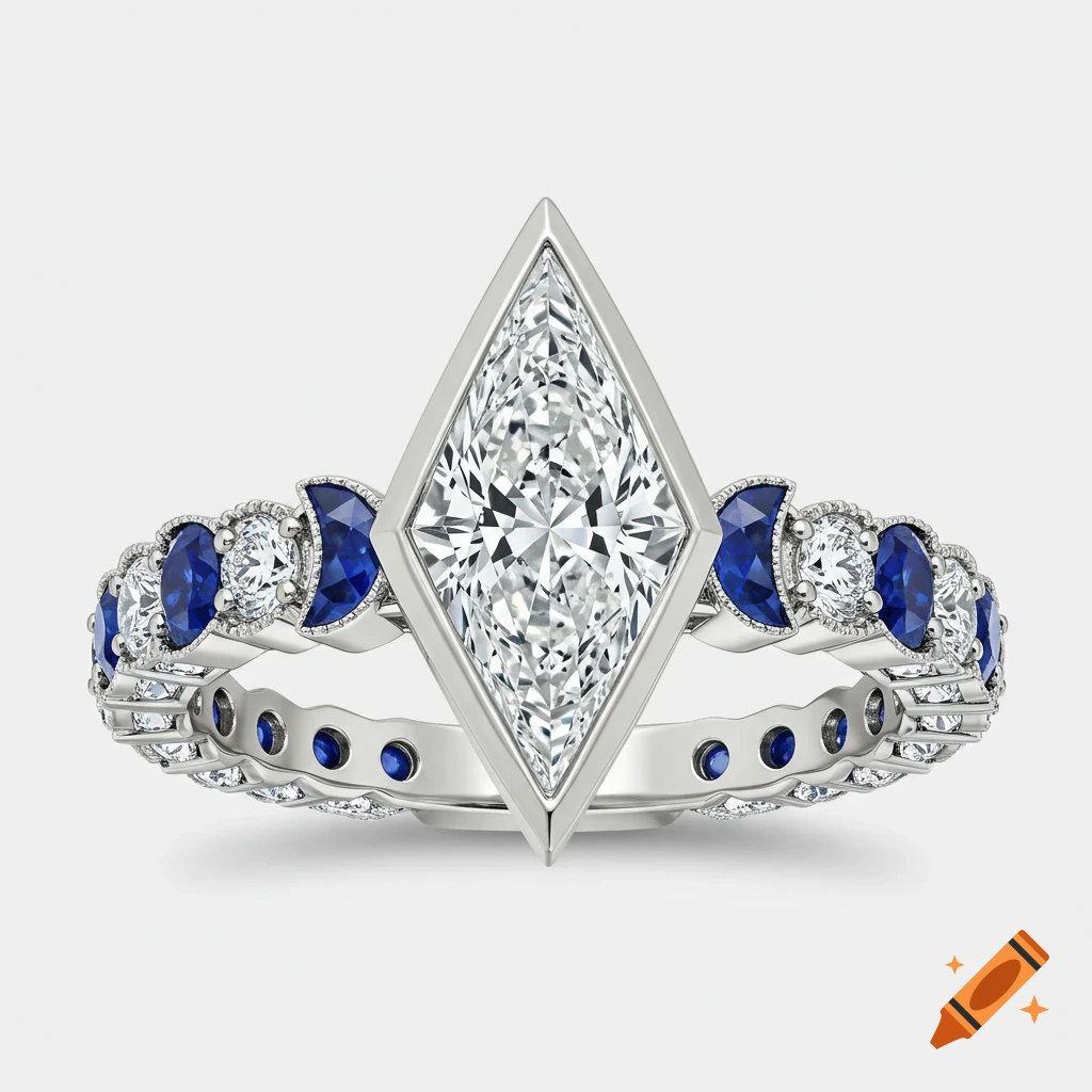 A close-up, high-detail photo of a silver ring with a large kite-shaped diamond center stone and a band adorned with round diamonds and crescent-shaped blue sapphires.