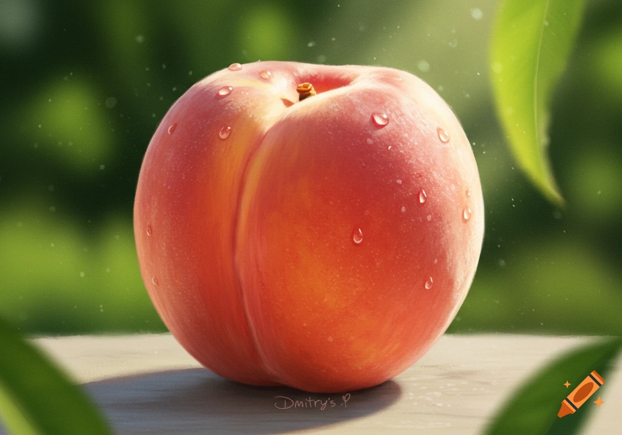 A photorealistic close-up of a ripe peach with water droplets on a table, blurred green foliage in the background.