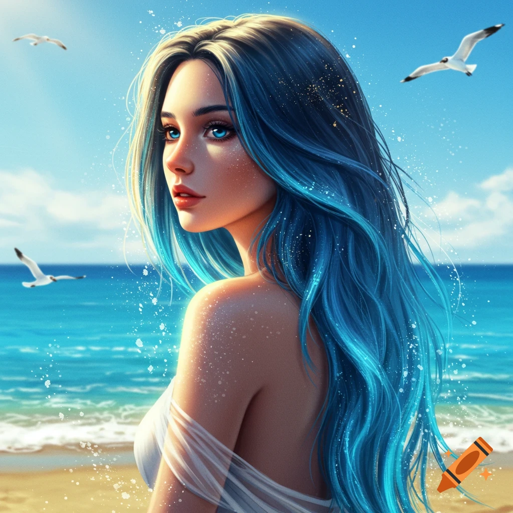Digital art portrait of a woman with blue ombre hair on a beach, looking at the ocean with seagulls.