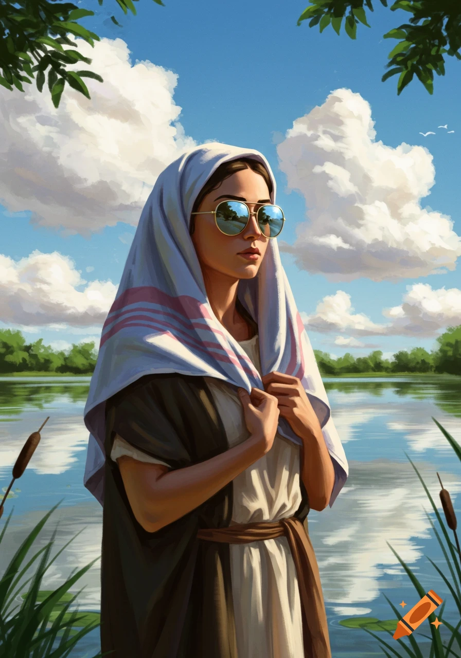 An illustrative portrait of a woman in a white head covering and stylish sunglasses by a calm lake under a blue, cloudy sky.