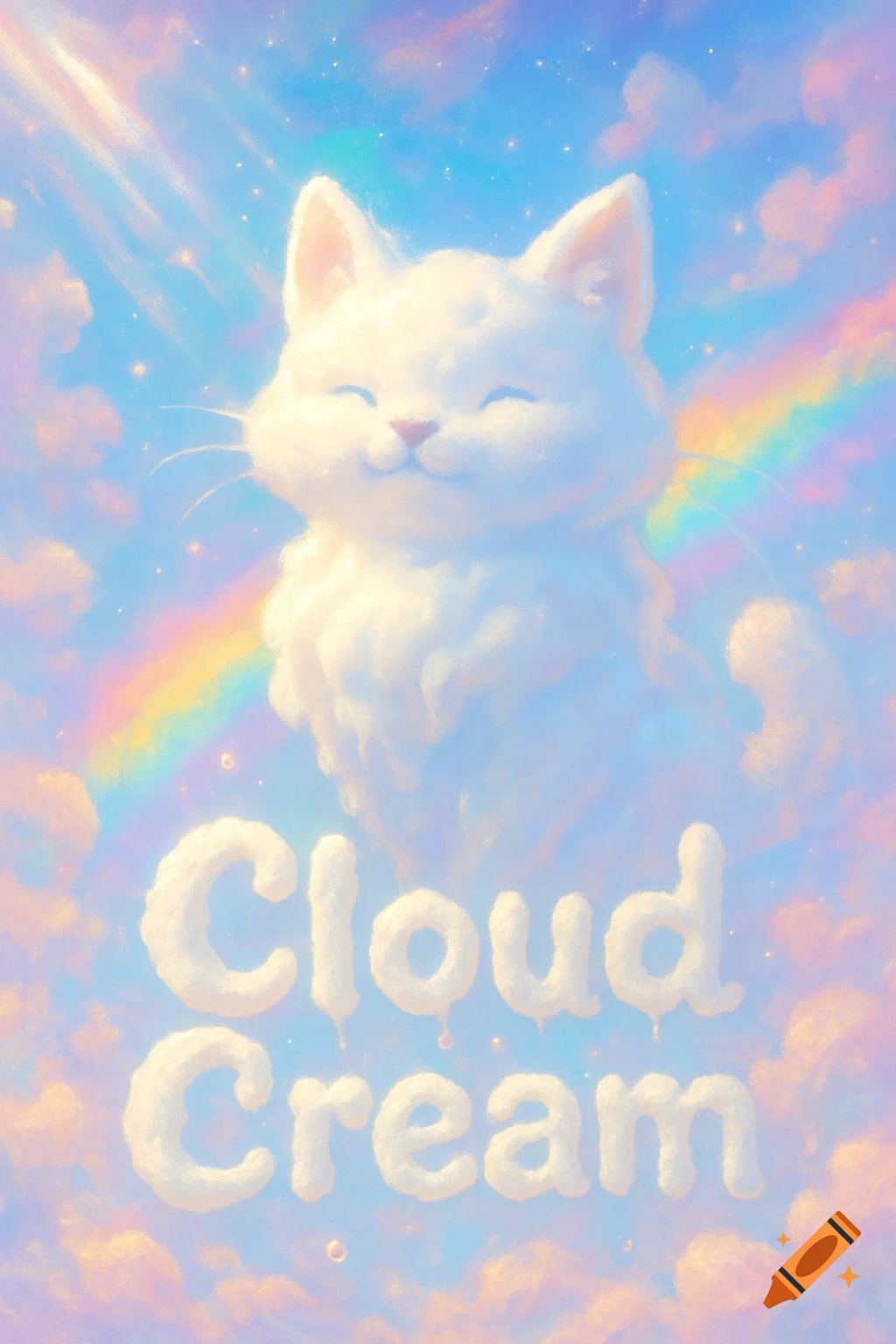 A whimsical cloud cat smiles in a pastel sky with a rainbow and cloud-shaped text 'Cloud Cream'.