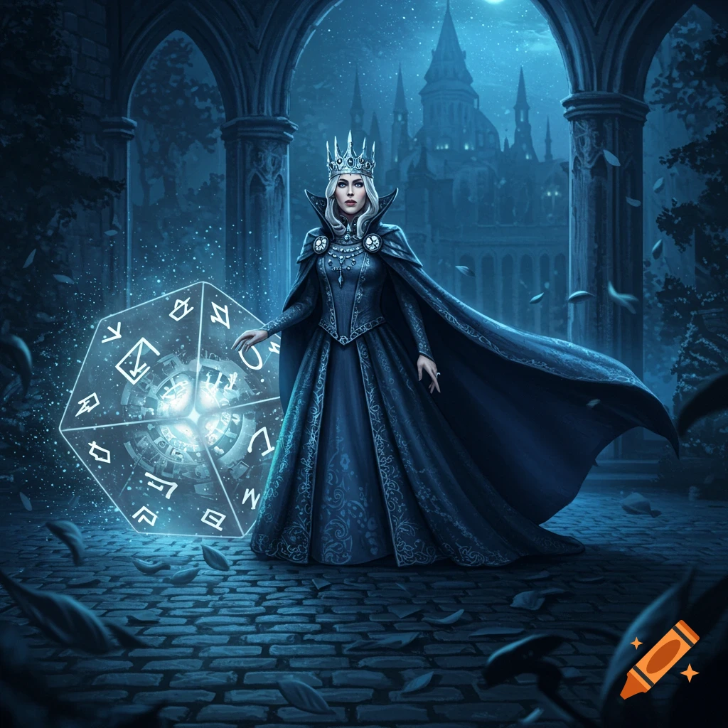 A fantasy queen with white hair and a crown, wearing a dark blue gown and cape, stands next to a glowing magical cube with runes on a stone path in a gothic courtyard under a moonlit sky.