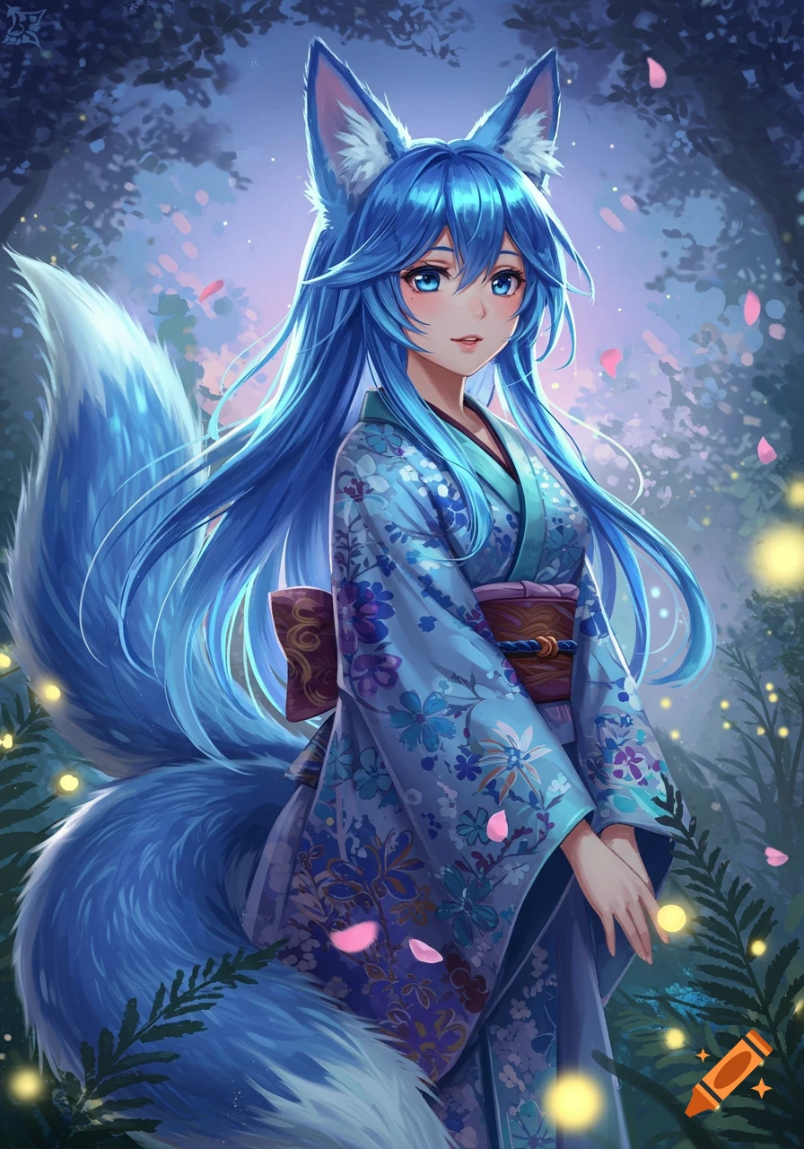 Blue-haired anime fox girl in a floral kimono, standing in a magical forest with glowing lights and pink petals.