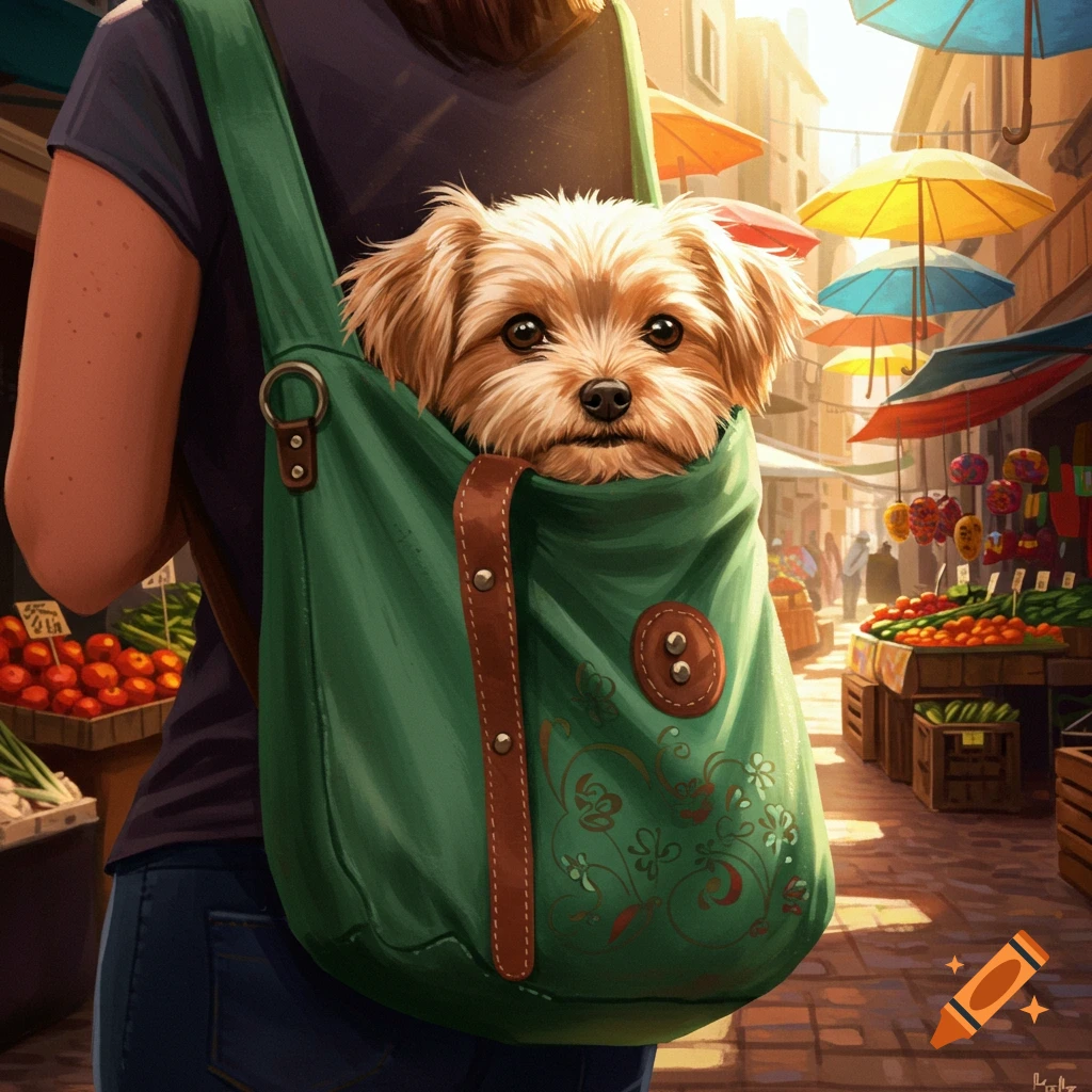 A small brown dog peeks from a green shoulder bag carried by a person in a sunny outdoor market with stalls and colorful umbrellas.