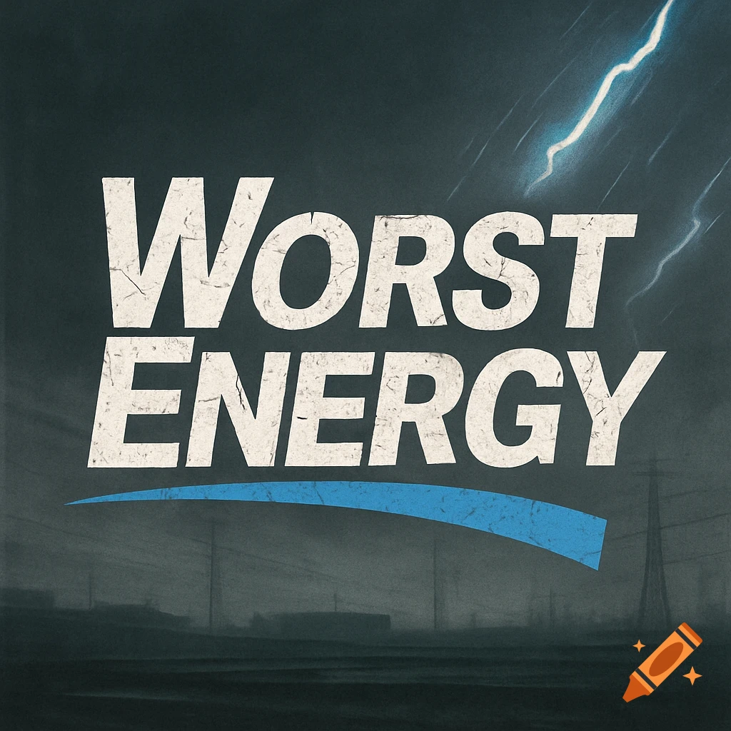 Distressed white text 'WORST ENERGY' with a blue underline against a stormy sky with lightning and power lines.