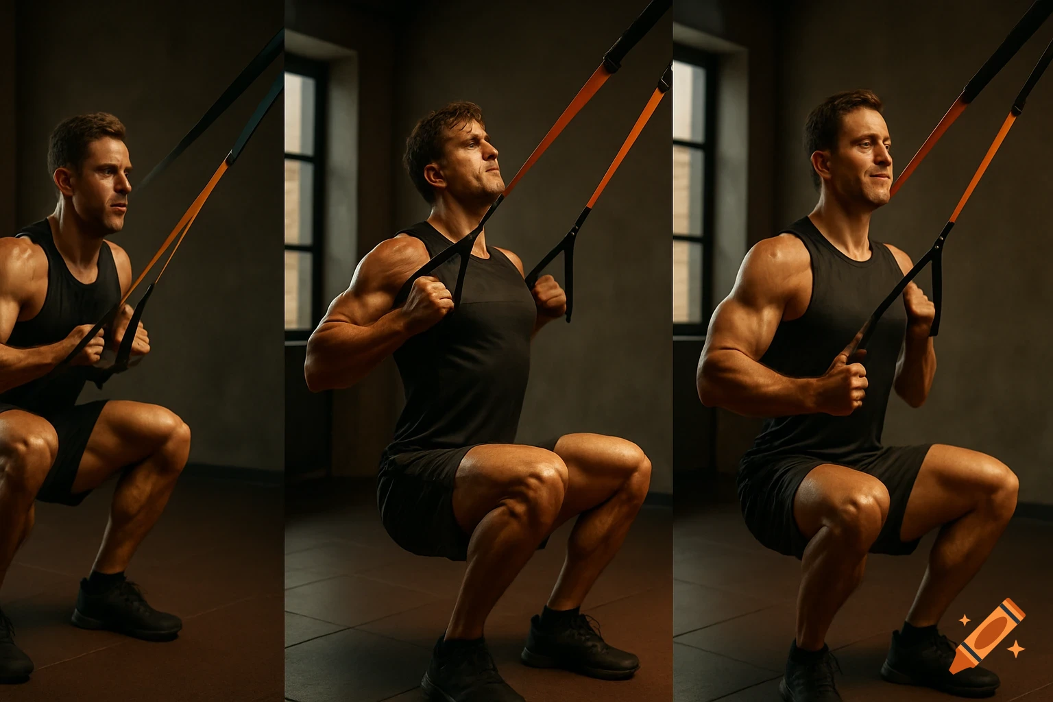Photorealistic triptych of a muscular man performing TRX squats and rows in a gym.