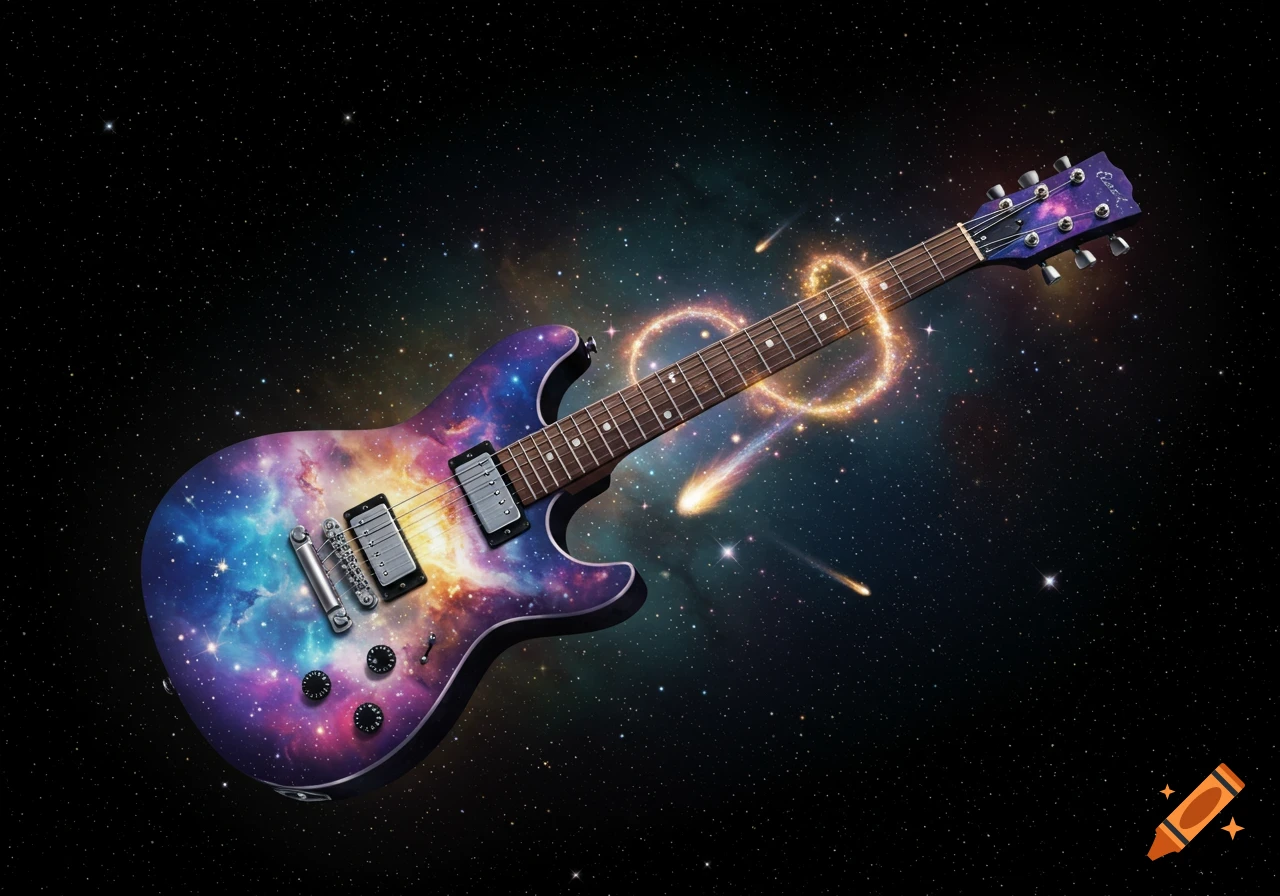 An electric guitar with a galaxy pattern on its body, floating in outer space with stars and nebulae, and glowing energy rings.