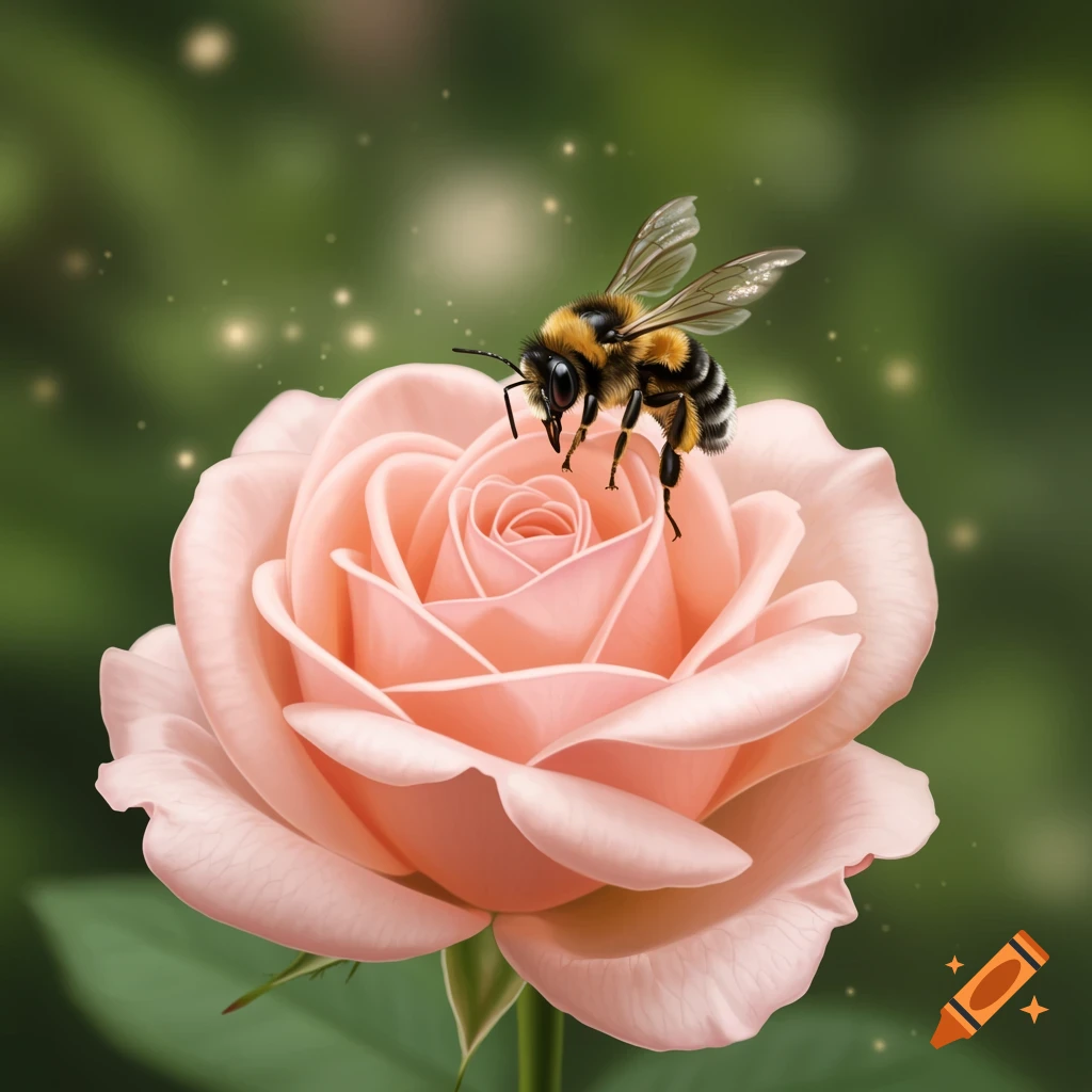 A furry bumblebee perches on the delicate petals of a light pink rose, with a blurred green background.