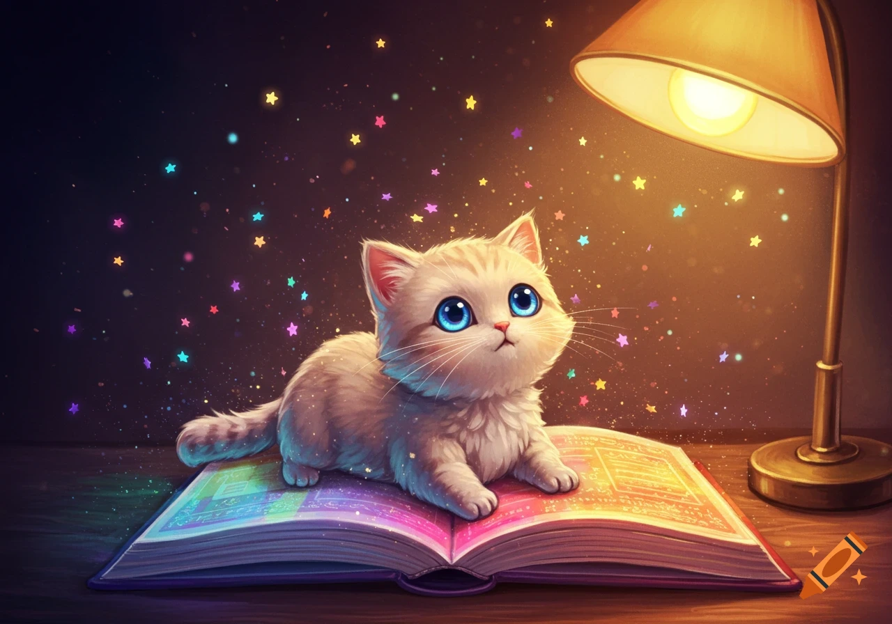 A cute, fluffy white kitten with big blue eyes sits on an open, rainbow-colored book under a warm lamp, surrounded by colorful glowing stars.