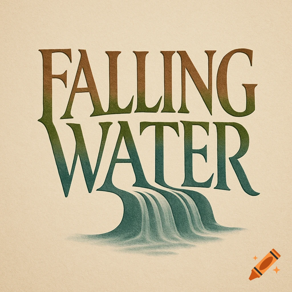 A stylized wordmark for 'Falling Water' with the word 'WATER' forming a waterfall.