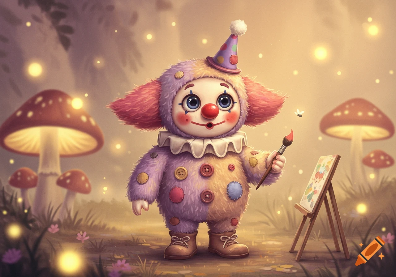 A fluffy, cute clown in a magical forest with glowing mushrooms, holding a paintbrush next to an easel.