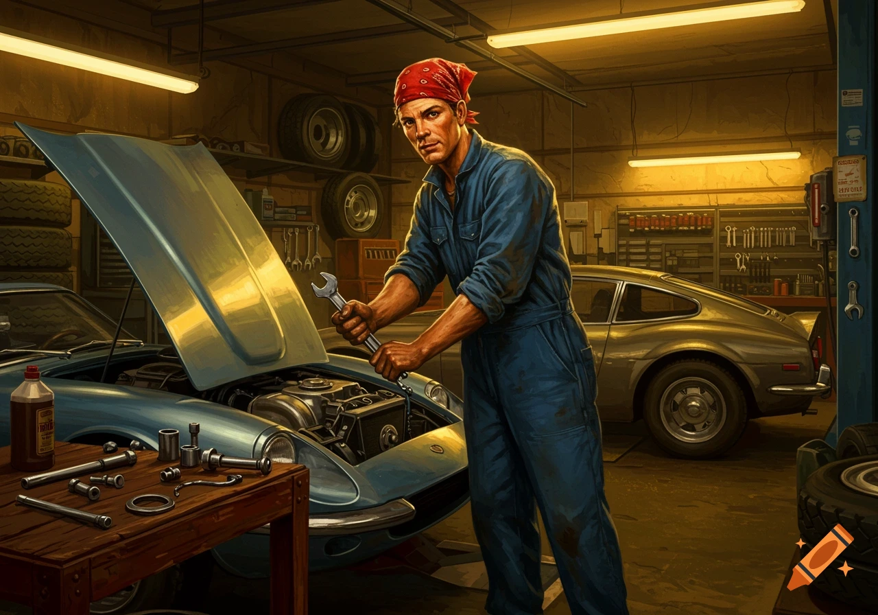 A man in a blue jumpsuit and red bandana holding a wrench, working on a car in a garage.